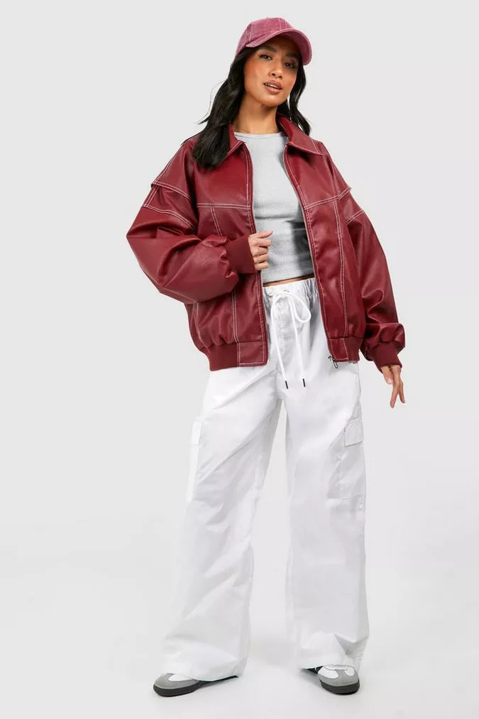 Veste oversize pour femme en cuir vegan à surpiqûres contrastées