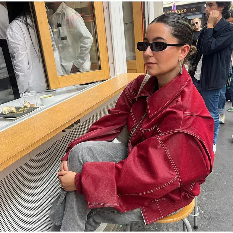 Veste oversize pour femme en cuir vegan à surpiqûres contrastées