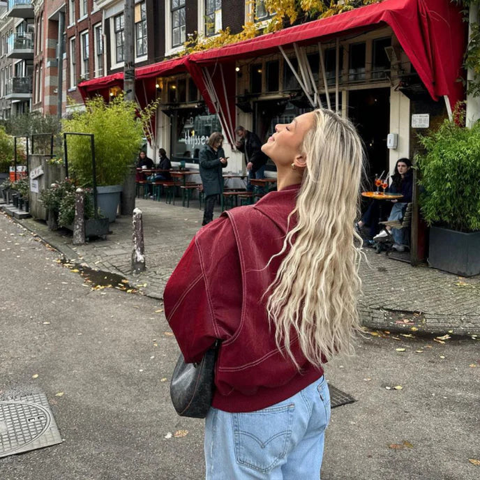 Veste oversize pour femme en cuir vegan à surpiqûres contrastées
