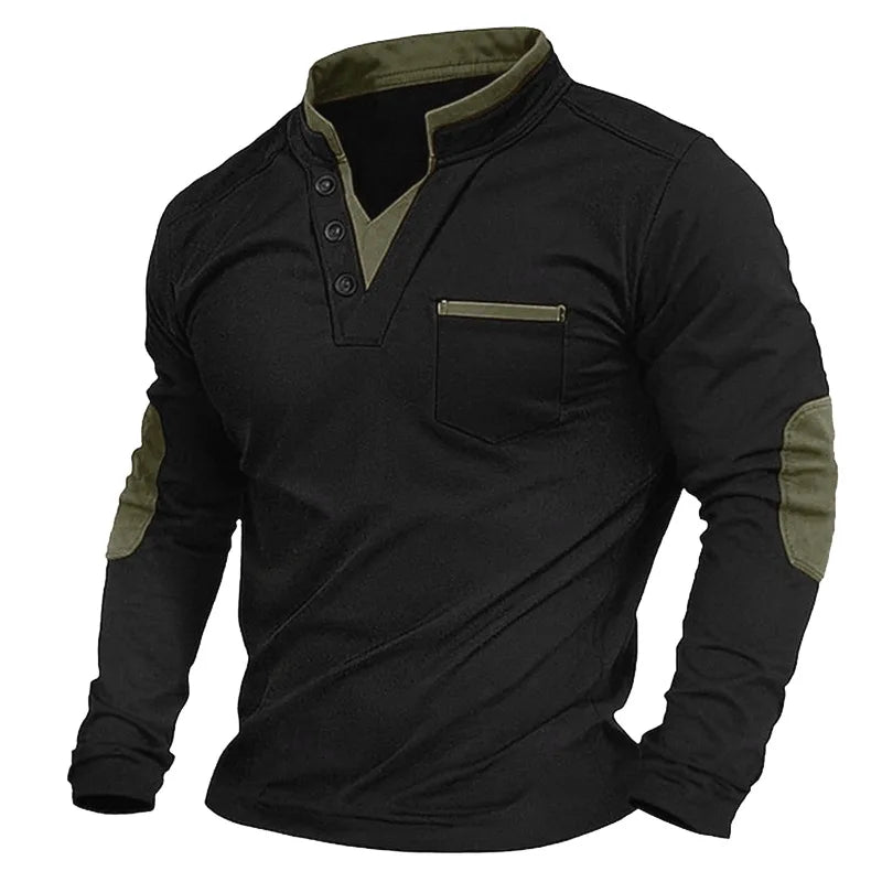 Men's long-sleeve V-neck sweatshirt with stand collar, chest pocket and contrasting elbow panels