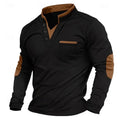 Men's long-sleeve V-neck sweatshirt with stand collar, chest pocket and contrasting elbow panels