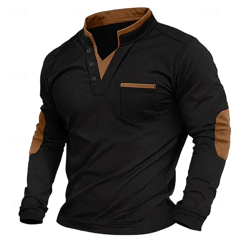 Men's long-sleeve V-neck sweatshirt with stand collar, chest pocket and contrasting elbow panels
