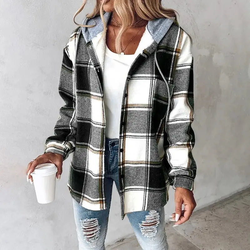 Women's plaid hooded shacket jacket with button front and long sleeves