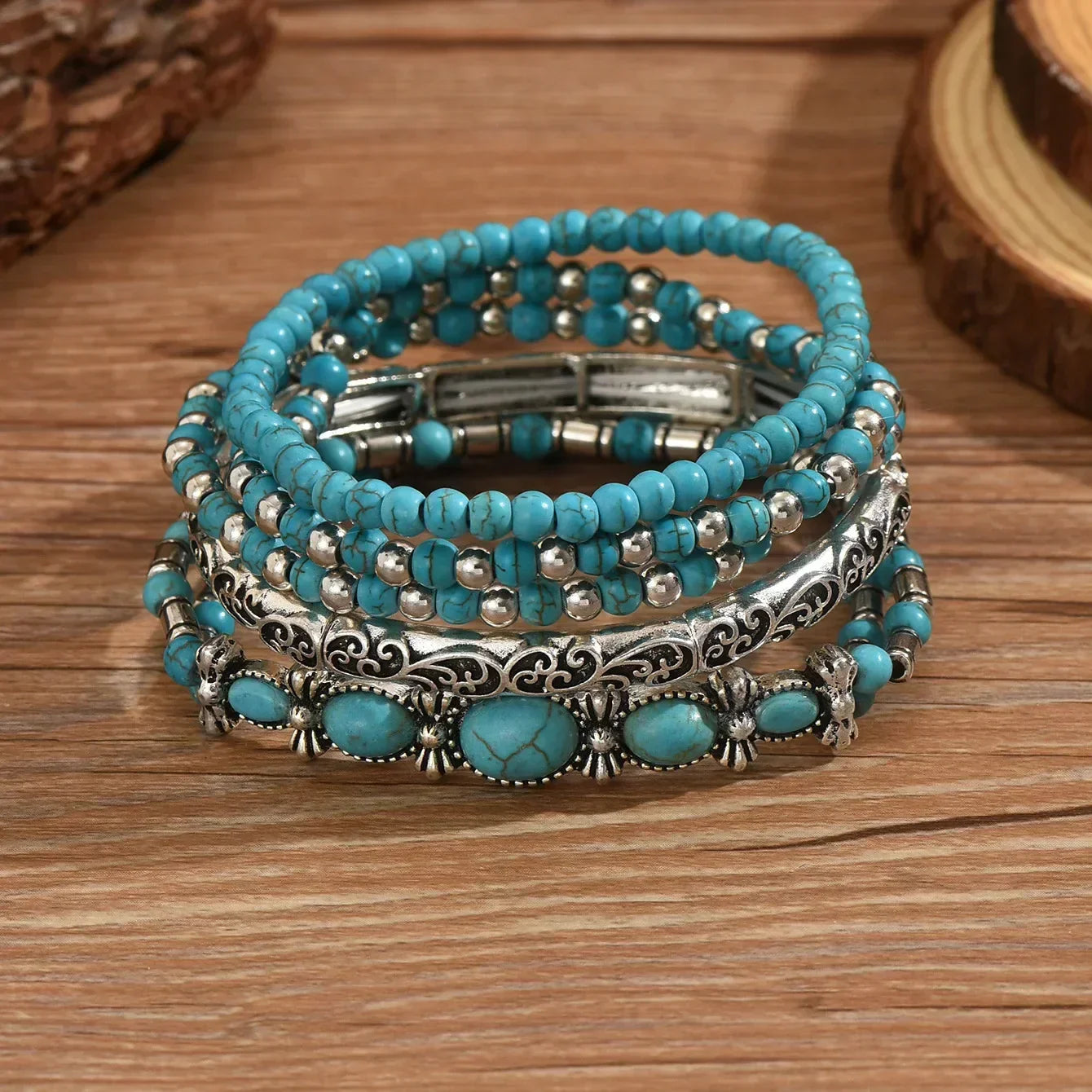 Boho Turquoise Beaded Layered Bracelet Set