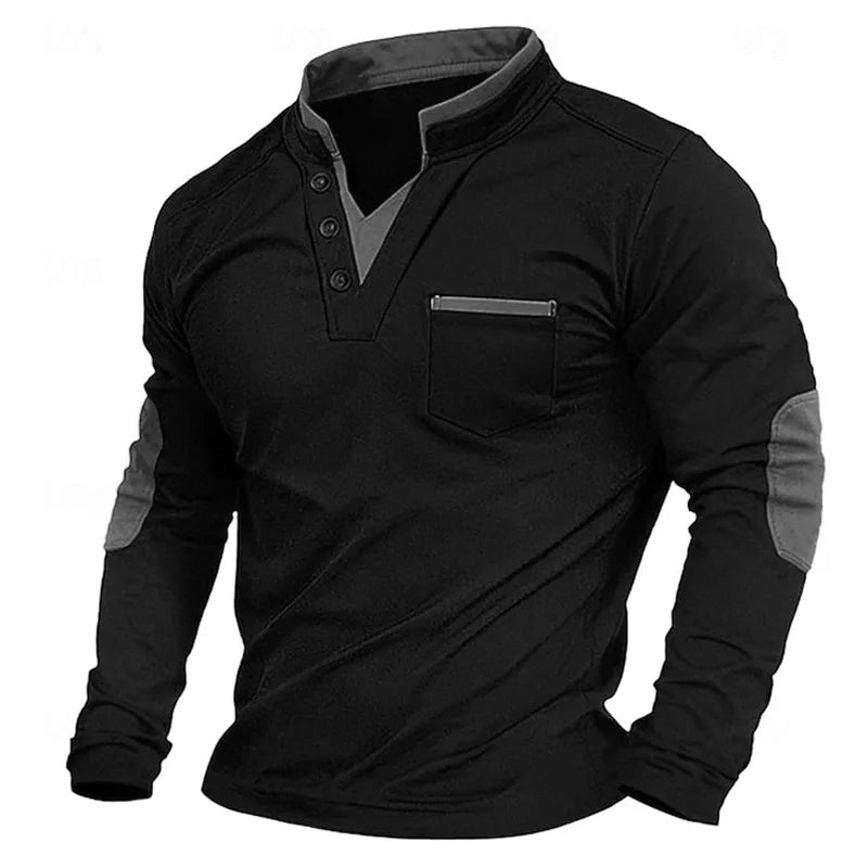Men's long-sleeve V-neck sweatshirt with stand collar, chest pocket and contrasting elbow panels