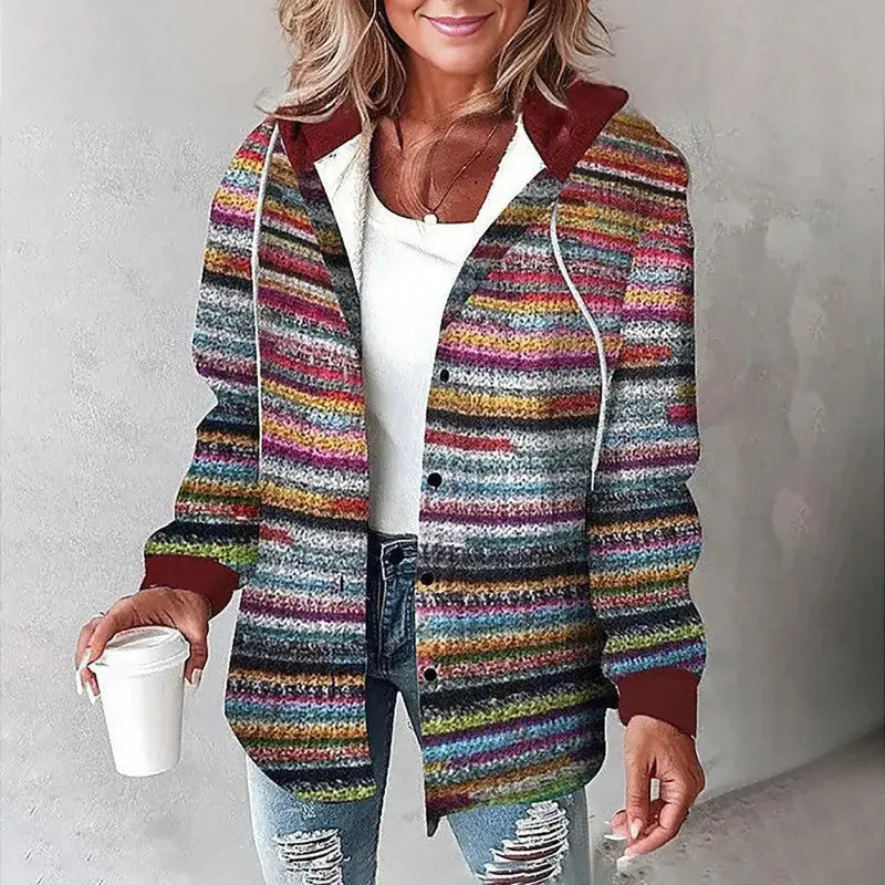 Women's plaid hooded shacket jacket with button front and long sleeves