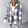 Women's plaid hooded shacket jacket with button front and long sleeves