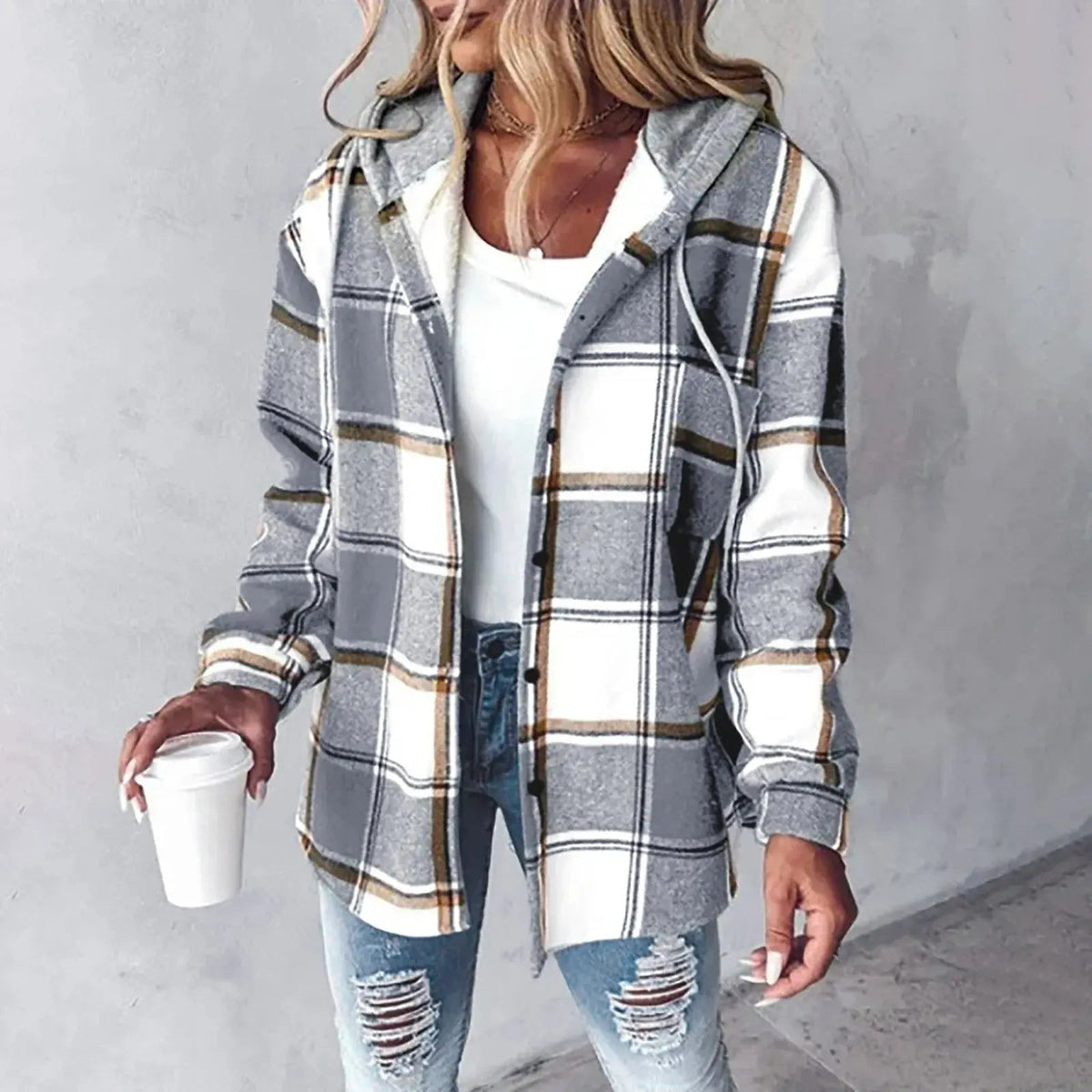 Women's plaid hooded shacket jacket with button front and long sleeves