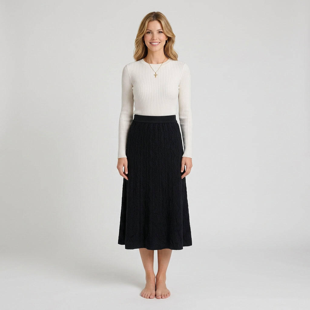 Women’s Knit Midi Skirt A Line – Textured Pull On Sweater Skirt