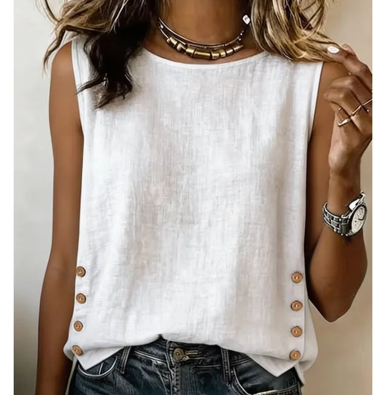 Linen Tank Top with Side Button Detail