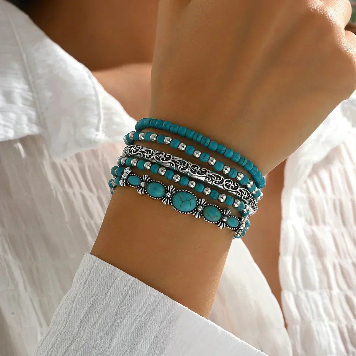 Boho Turquoise Beaded Layered Bracelet Set