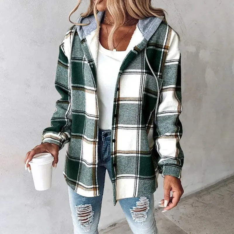Women's plaid hooded shacket jacket with button front and long sleeves