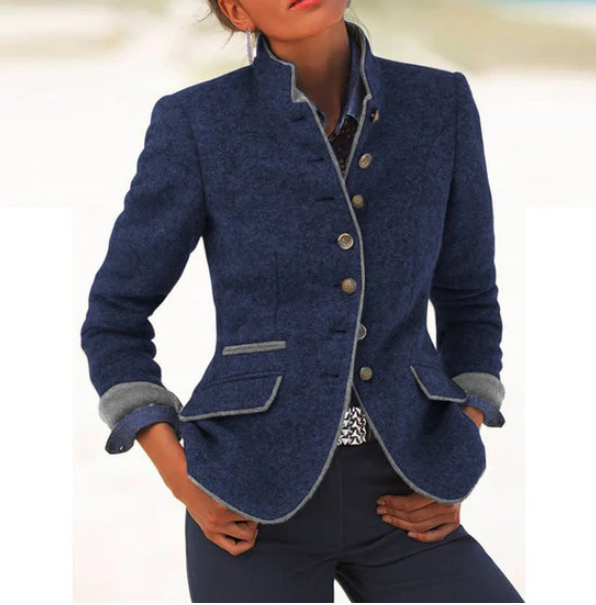 Women's textured stand collar tailored jacket with contrast trim and button front