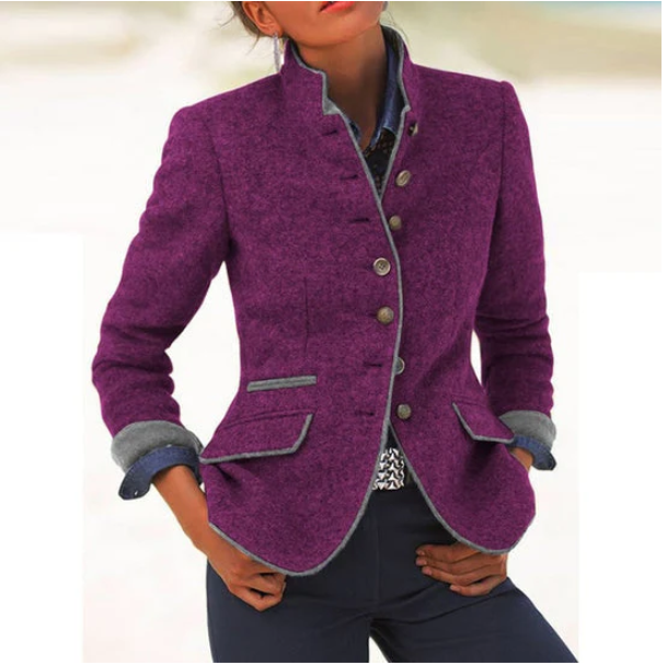 Women's textured stand collar tailored jacket with contrast trim and button front