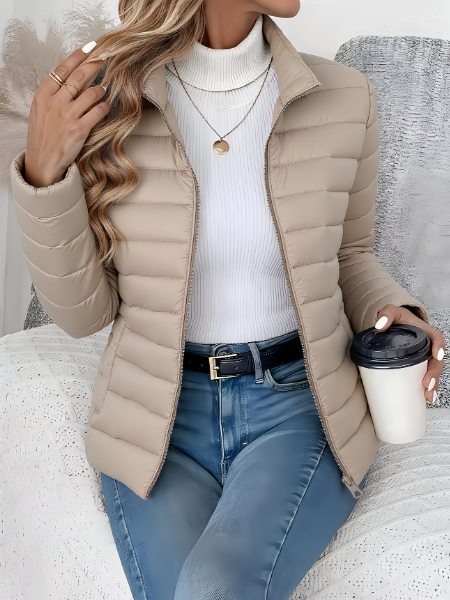 Women's quilted funnel neck puffer jacket with long sleeves and front zipper
