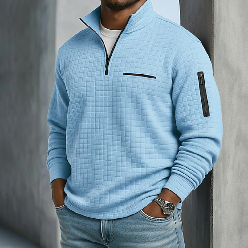 Men's waffle grid quarter-zip sweatshirt with stand collar and zipped pockets