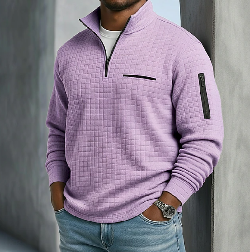 Men's waffle grid quarter-zip sweatshirt with stand collar and zipped pockets