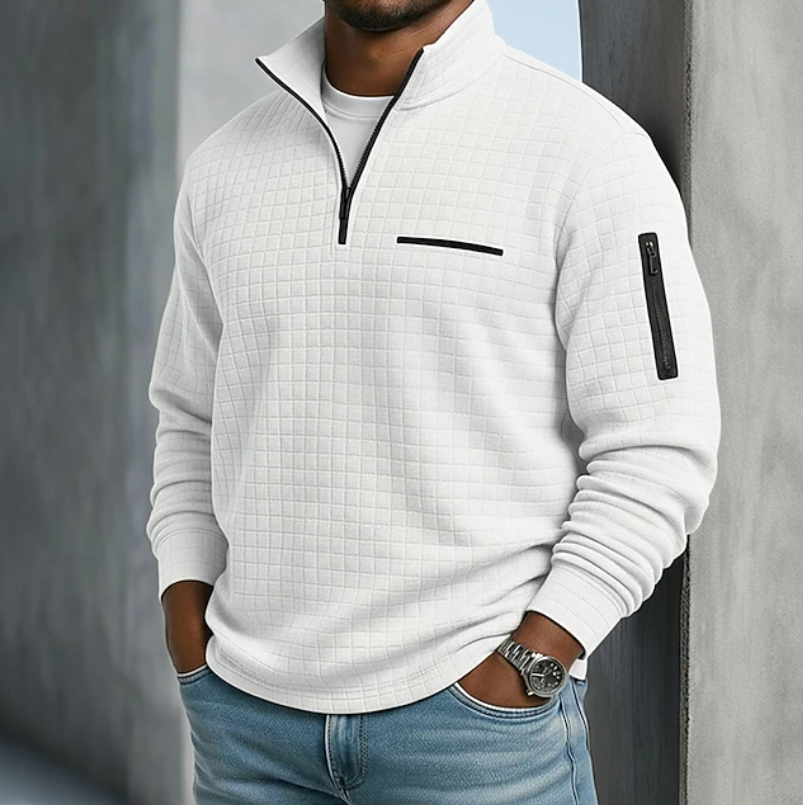 Men's waffle grid quarter-zip sweatshirt with stand collar and zipped pockets