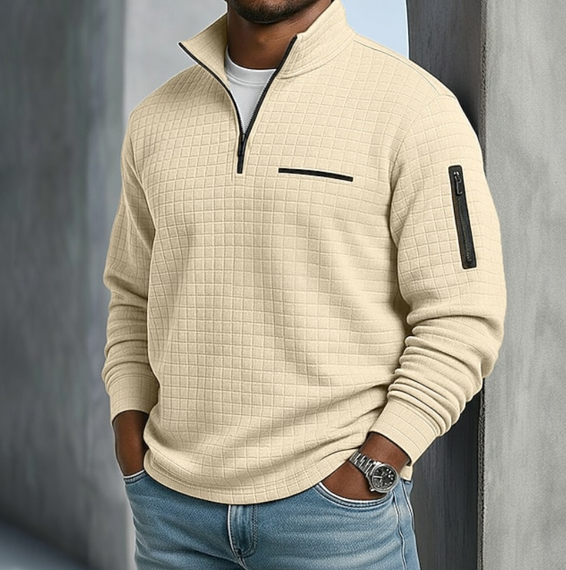Men's waffle grid quarter-zip sweatshirt with stand collar and zipped pockets