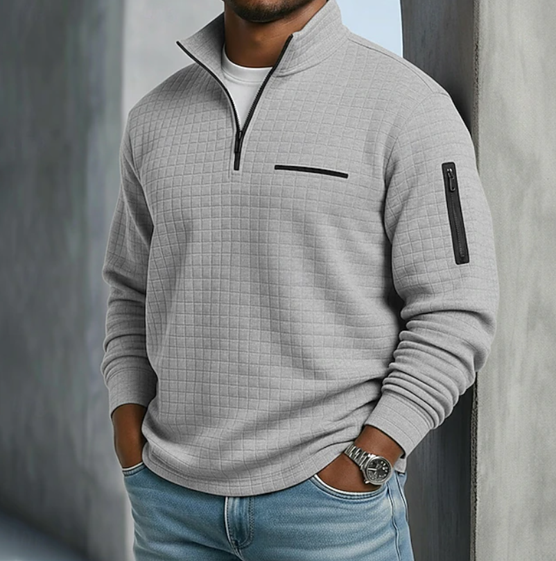 Men's waffle grid quarter-zip sweatshirt with stand collar and zipped pockets