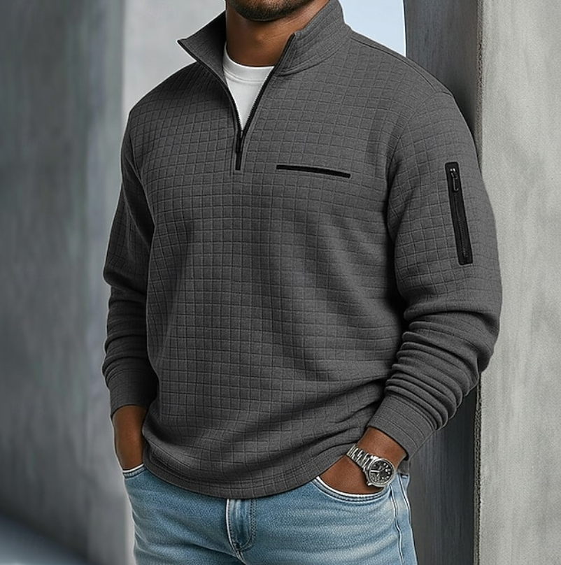 Men's waffle grid quarter-zip sweatshirt with stand collar and zipped pockets