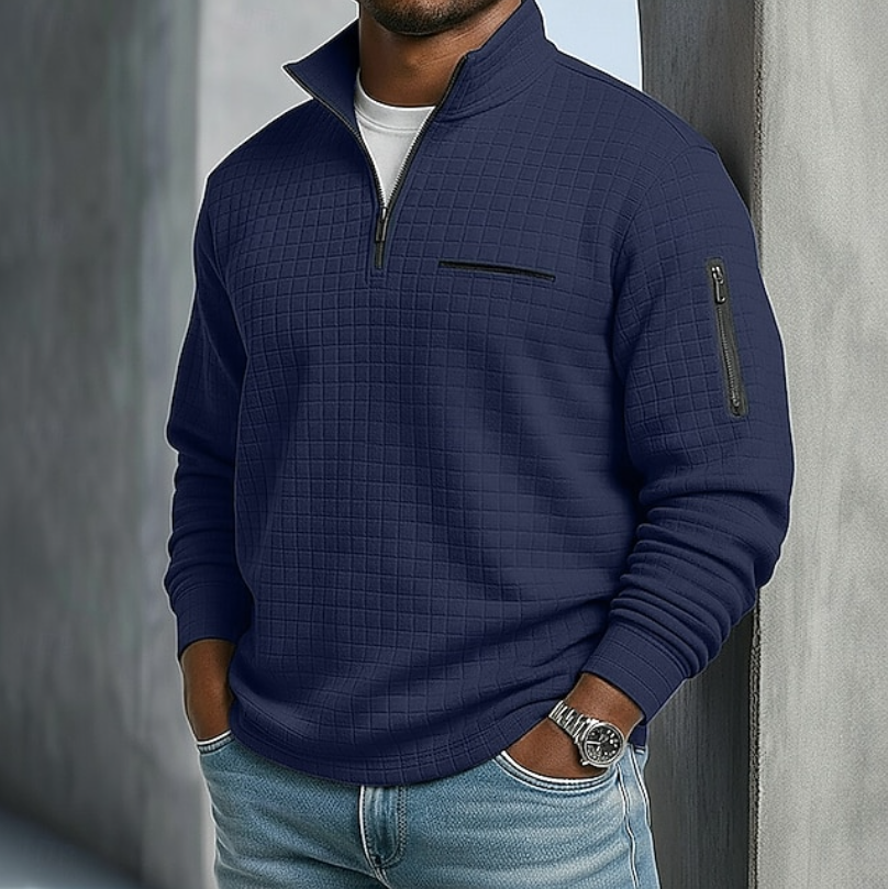 Men's waffle grid quarter-zip sweatshirt with stand collar and zipped pockets