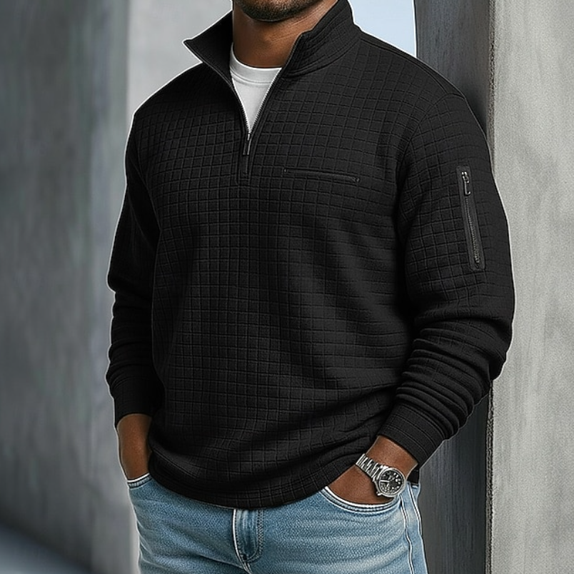 Men's waffle grid quarter-zip sweatshirt with stand collar and zipped pockets