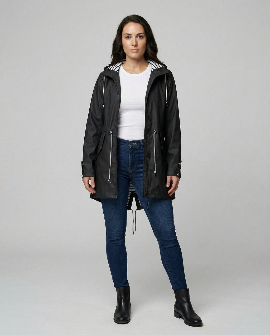 Imperméable à capuche rayé pour femme, doublé et à cordon de serrage