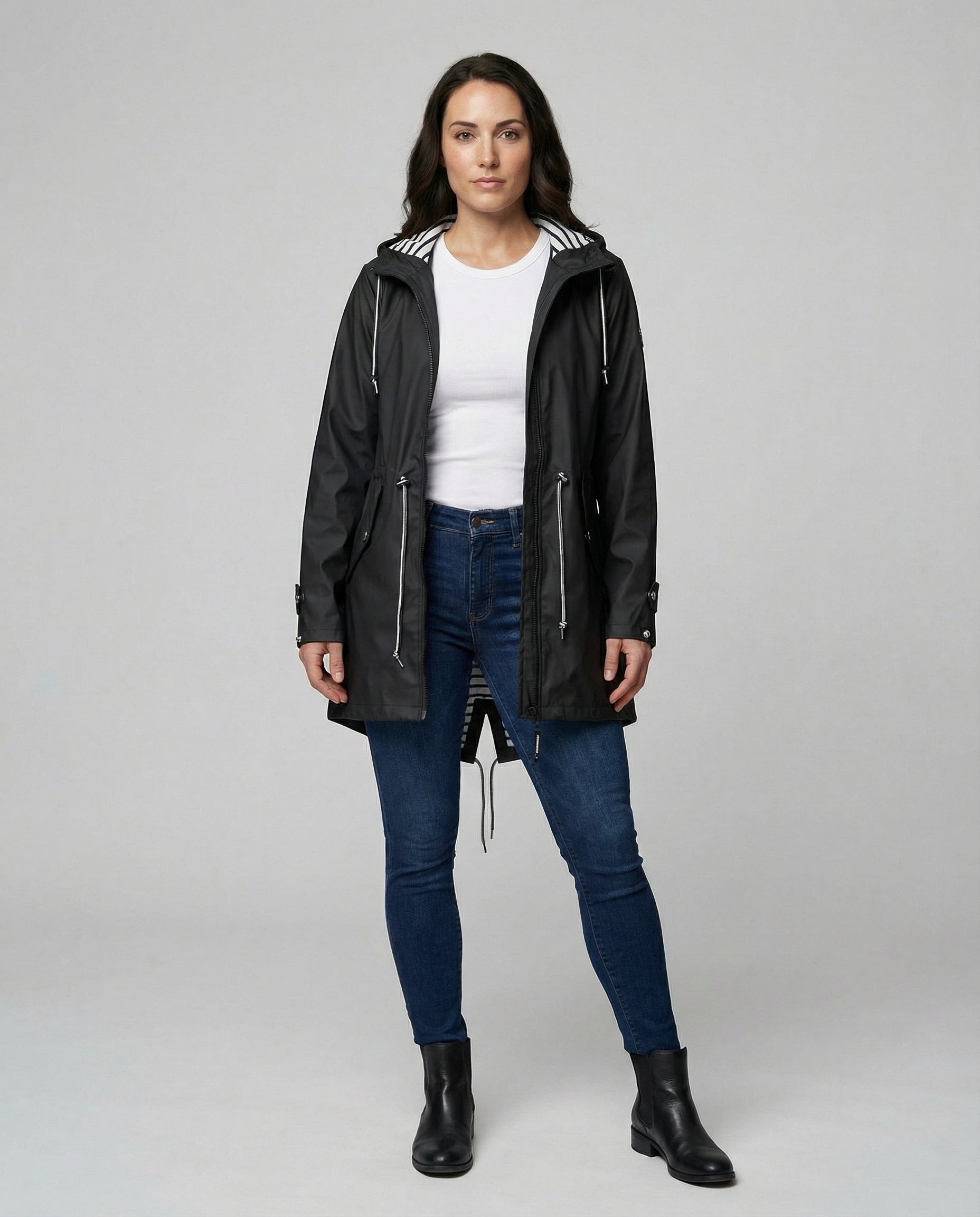 Imperméable à capuche rayé pour femme, doublé et à cordon de serrage