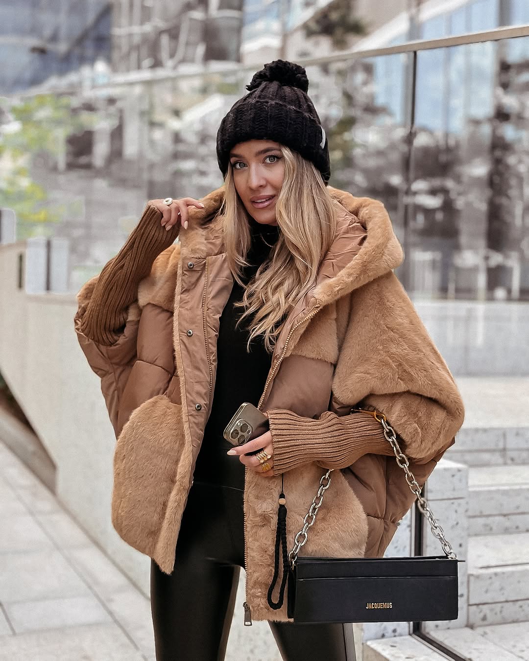 Women's Oversized Faux Fur Patchwork Hooded Puffer Jacket