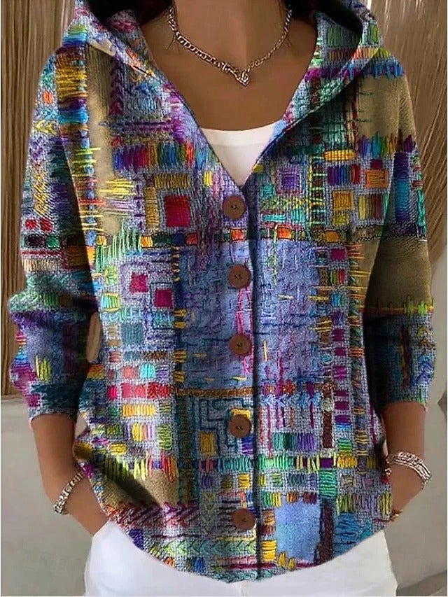 Women's Hooded Patchwork Print Button-Front Cardigan