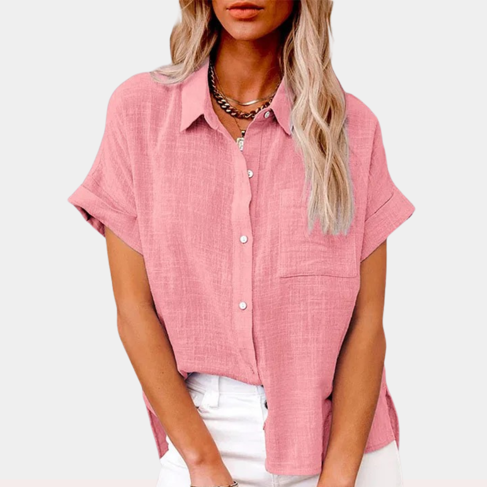 Linen Blend Collared Button-Up Shirt with Chest Pocket