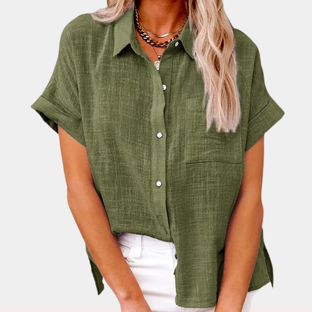 Linen Blend Collared Button-Up Shirt with Chest Pocket