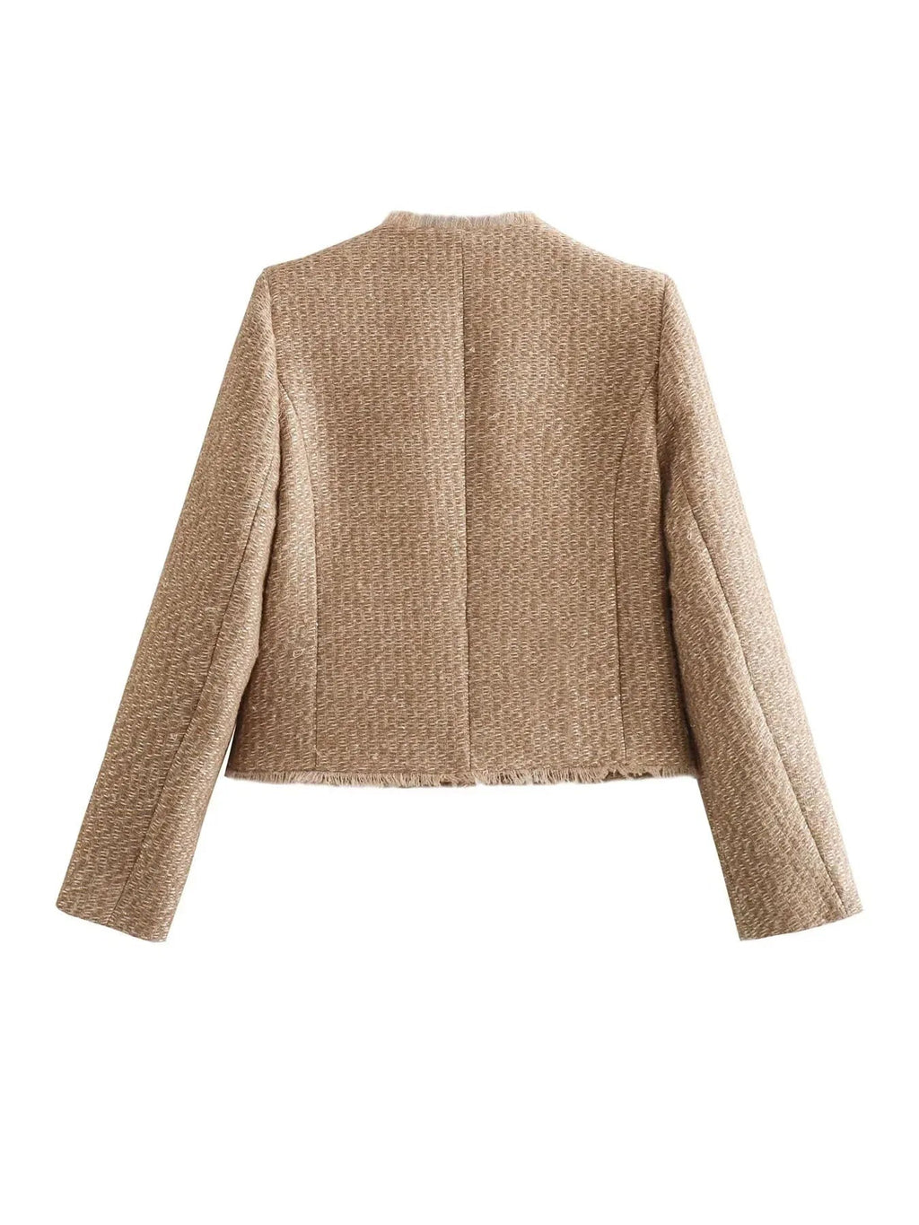 Veste en tweed pour femme à bords effilochés et boutons décoratifs audacieux