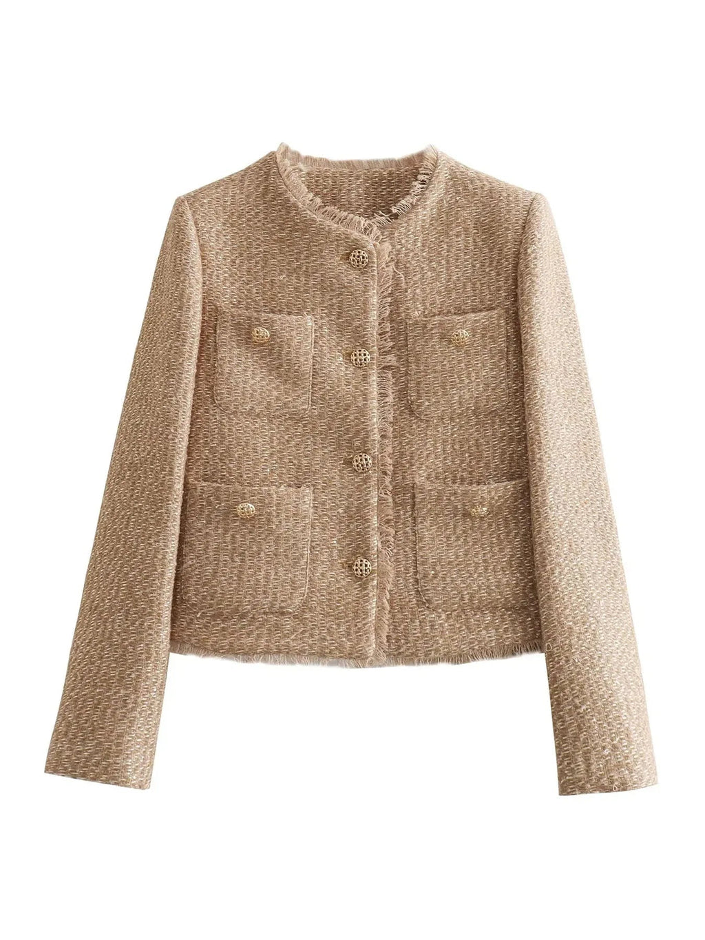Veste en tweed pour femme à bords effilochés et boutons décoratifs audacieux