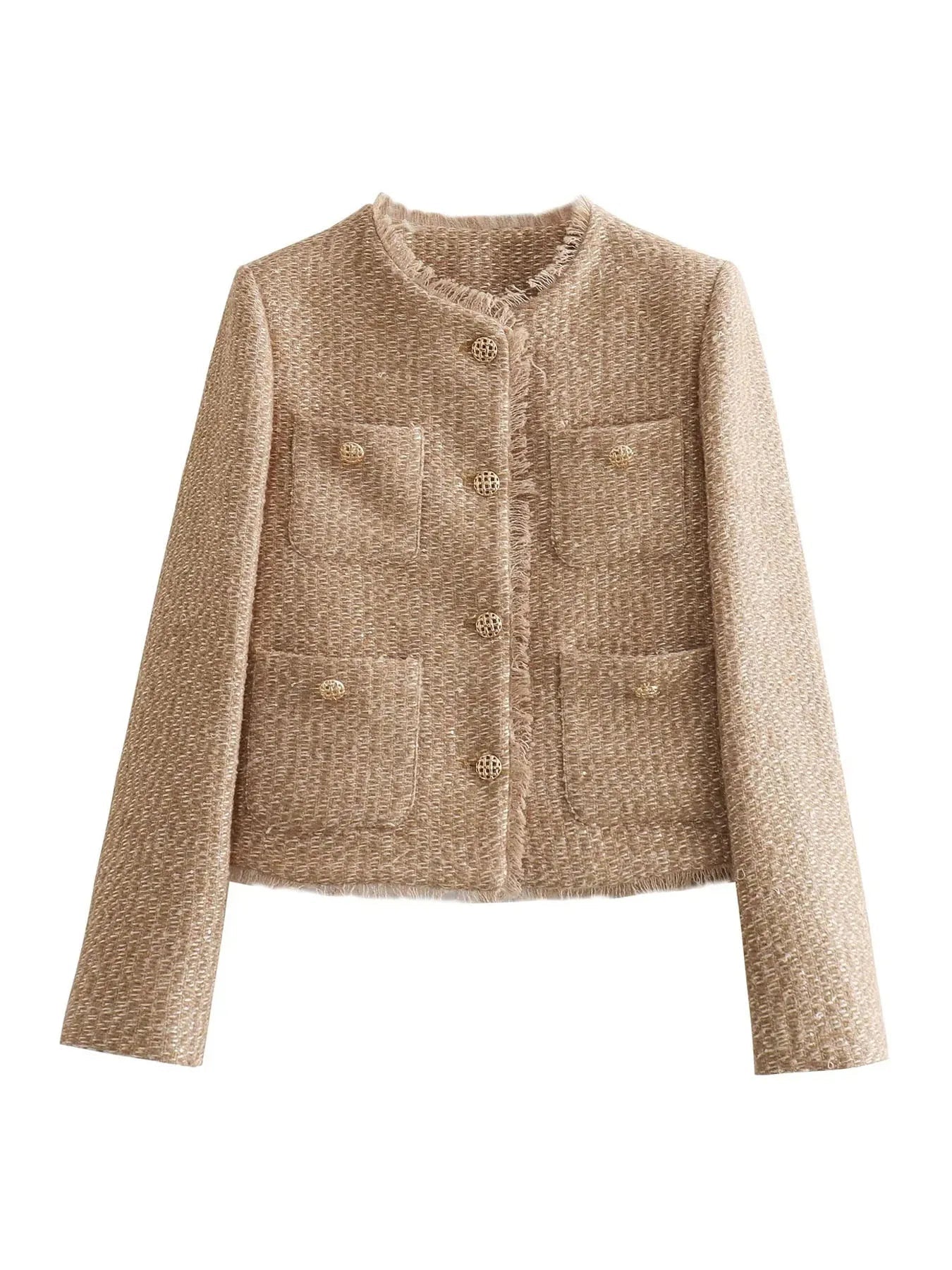 Veste en tweed pour femme à bords effilochés et boutons décoratifs audacieux