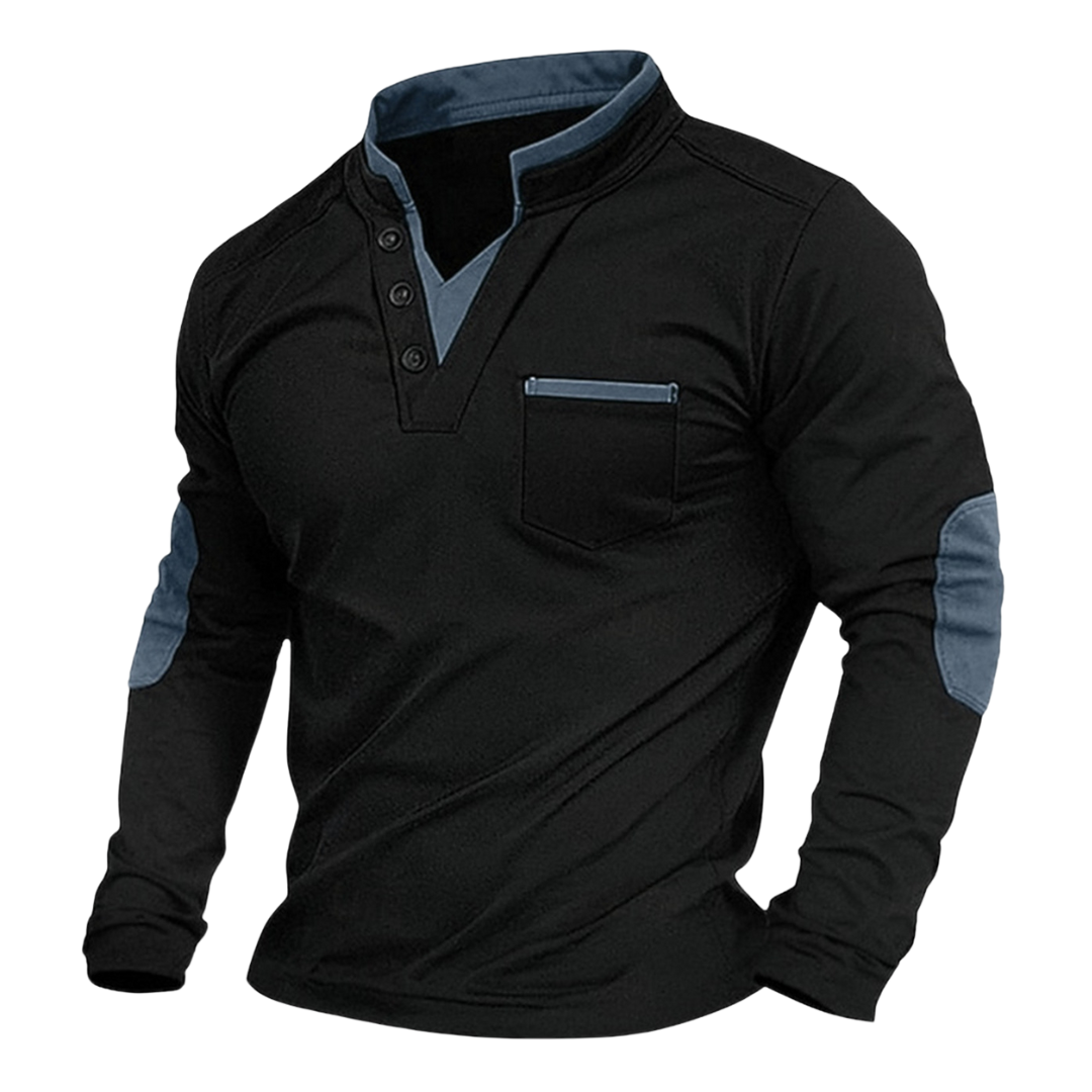 Men's long-sleeve V-neck sweatshirt with stand collar, chest pocket and contrasting elbow panels
