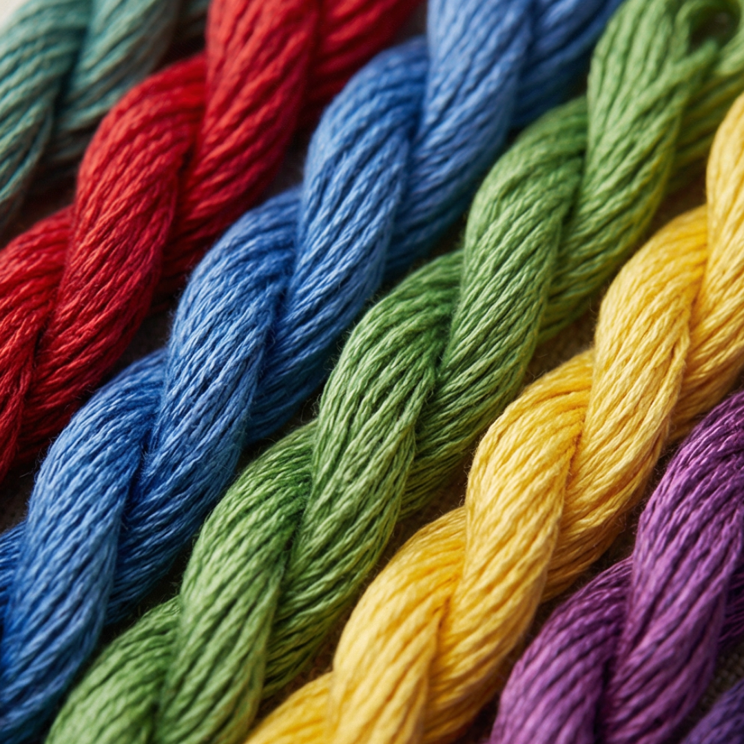 Open embroidery stitch sampler book kit with colourful threads and needles