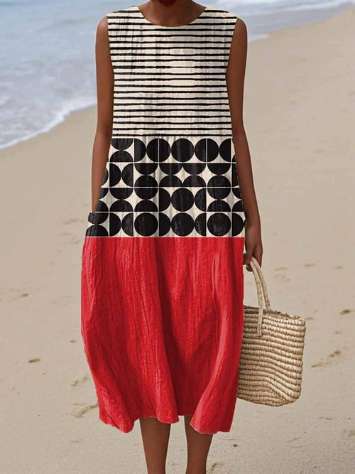 Robe midi sans manches à imprimé abstrait, avec poches latérales