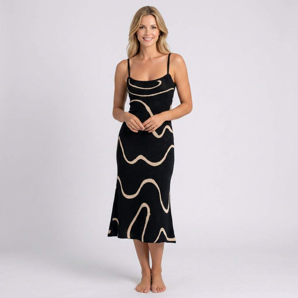 Midi Dress – Wave Pattern Slip Style