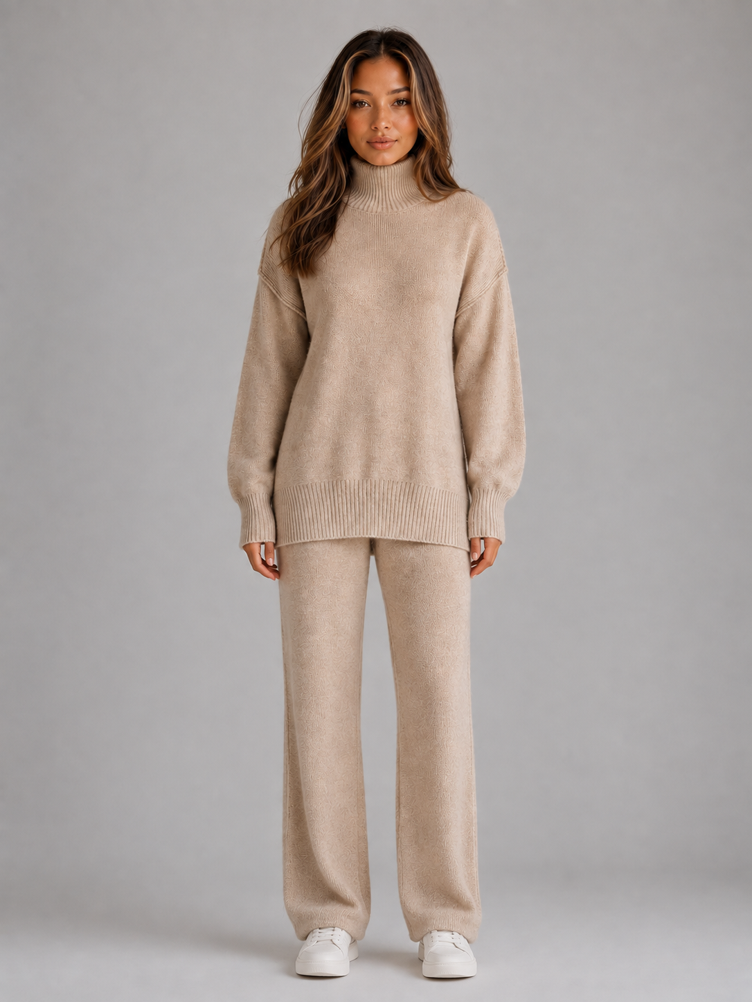 Women's textured turtleneck sweater and straight-leg pants set