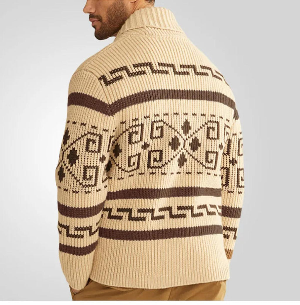 Cardigan zippé en maille à col châle et motif western pour homme
