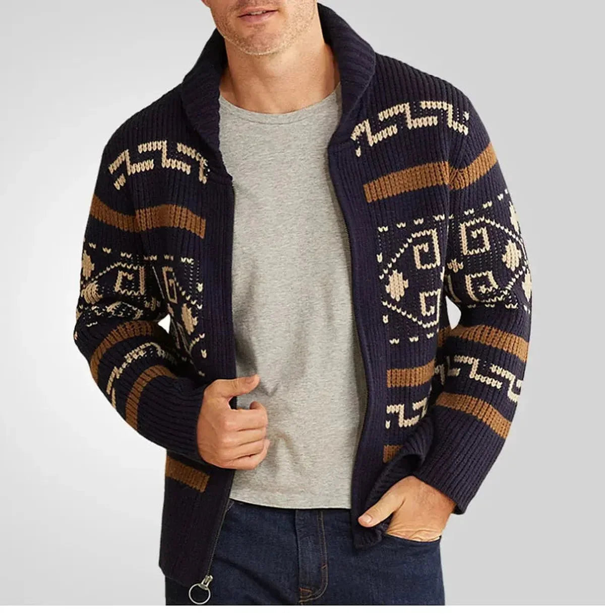 Men’s Western Pattern Shawl Collar Zip Knit Cardigan