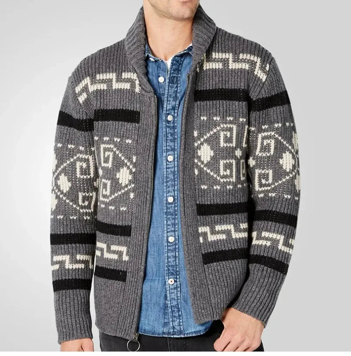 Men’s Western Pattern Shawl Collar Zip Knit Cardigan