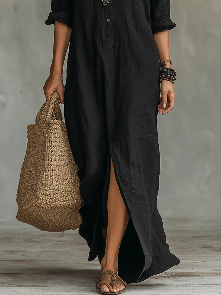 Collared Button-Front Split Hem Maxi Shirt Dress