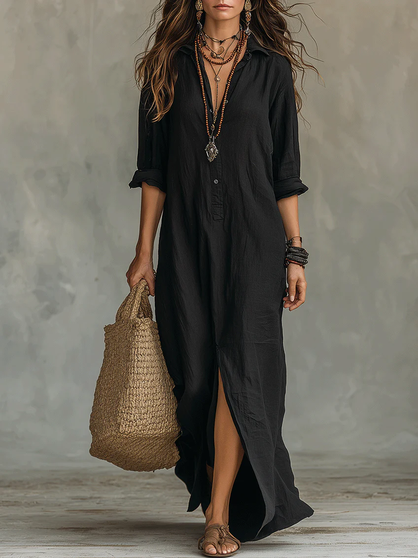 Collared Button-Front Split Hem Maxi Shirt Dress