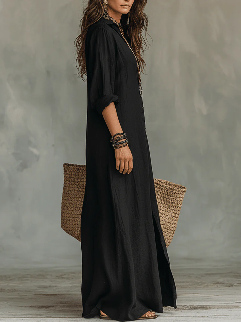 Collared Button-Front Split Hem Maxi Shirt Dress