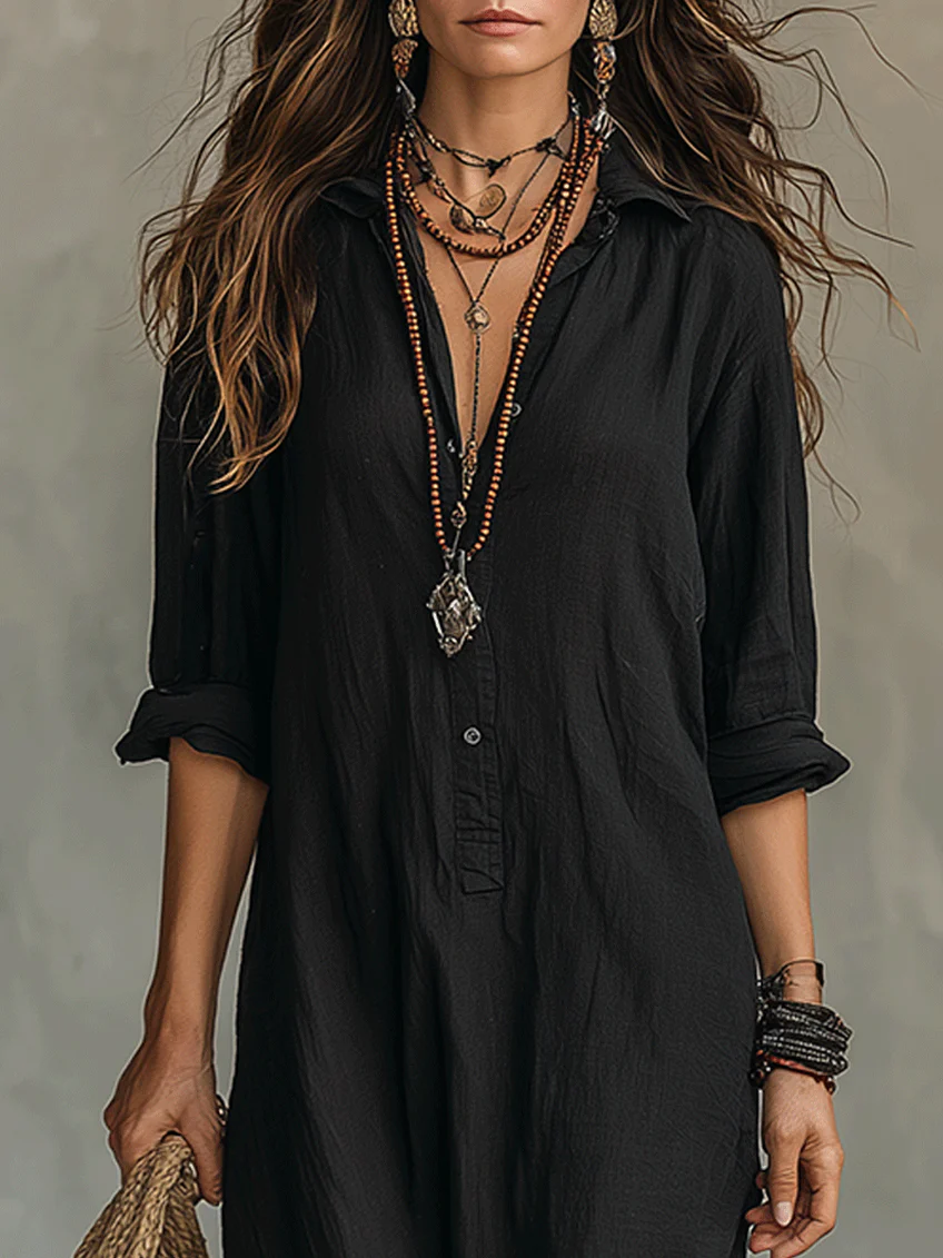 Collared Button-Front Split Hem Maxi Shirt Dress