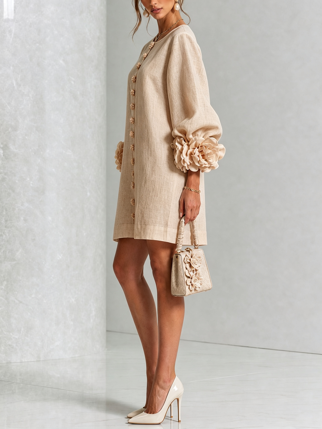 Robe courte droite pour femme à manches ballon et poignets ornés de rosettes