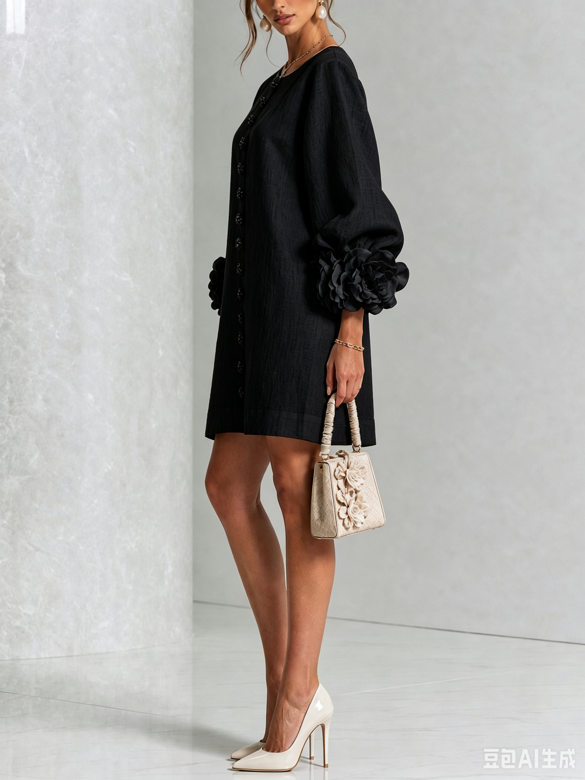 Robe courte droite pour femme à manches ballon et poignets ornés de rosettes